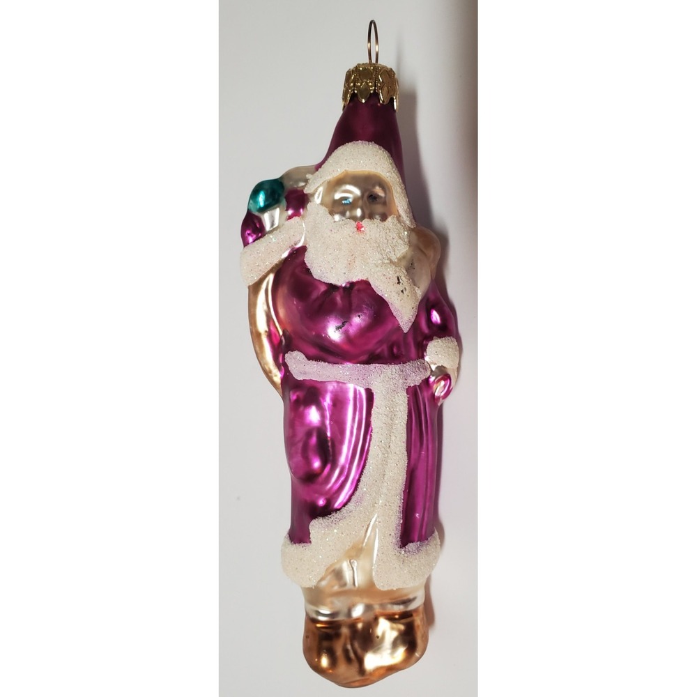 VTG Christmas Ornament Santa in Purple Cape Carrying Gifts Gold/Plum/Green/Ivory